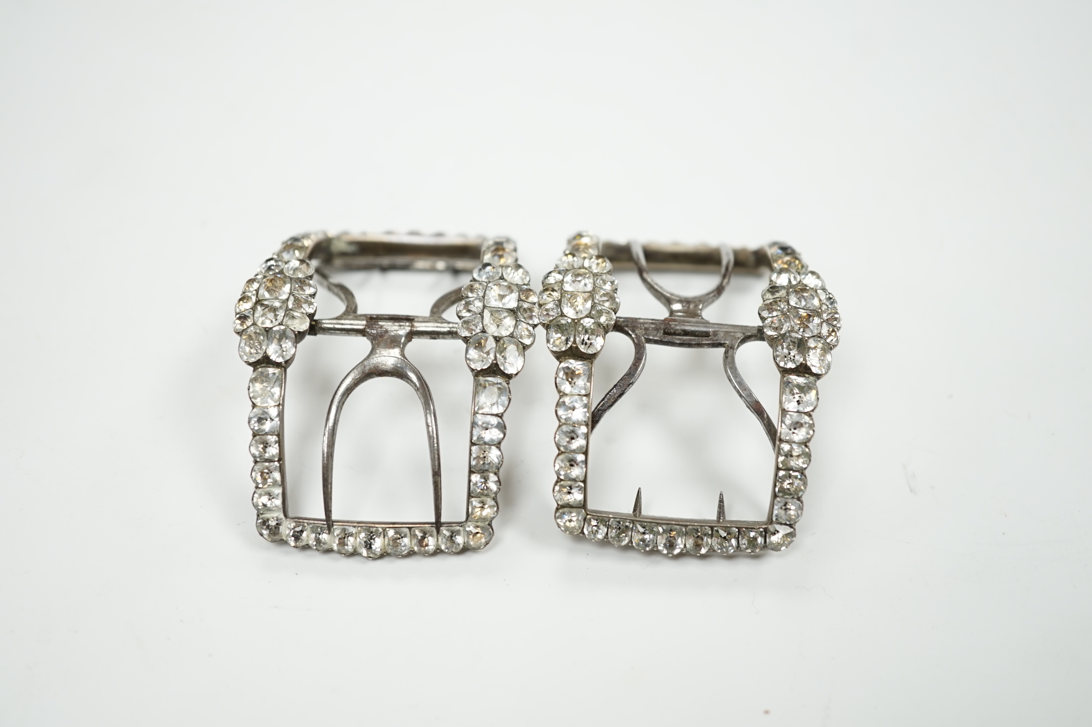 A cased pair of Georgian white metal, steel and white paste cluster set shoe buckles, 58mm, in original box